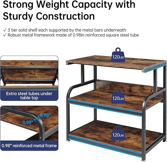 32.3" Wide Extra Large Printer Stand, 3 Tier Printer Table with Adjustable Storage Shelf, Rolling Printer Cart with Industrial Wheels for Home Office, Rustic Brown-DeskLoop Office