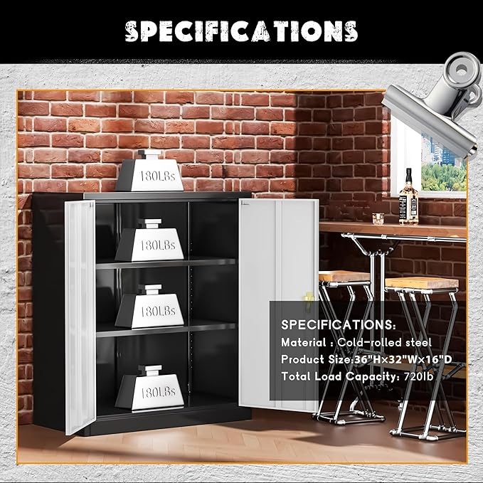 Greenvelly Metal Garage Storage Cabinet, Lockable Metal Cabinets with 2 Doors and Shelves,36” Steel Storage Locking Counter Cabinet for Office,Garage,Kitchen,Home,School(Black Grey)-DeskLoop Office