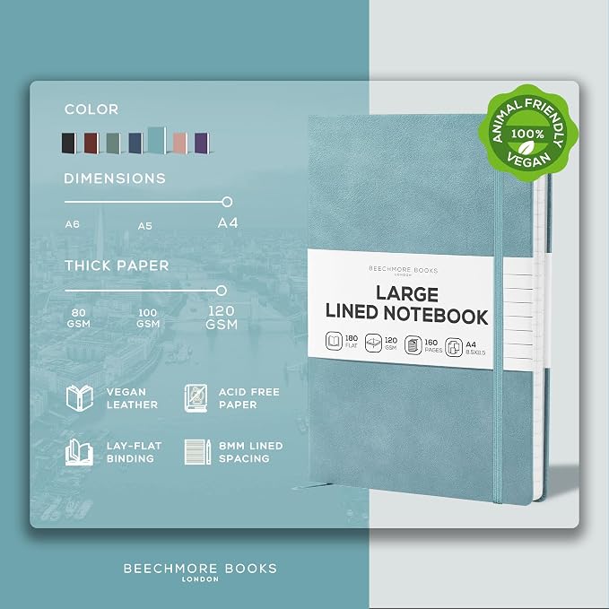 BEECHMORE BOOKS Large Lined Journal Notebook, 8.5" x 11.5" Hardcover Vegan - Image 2