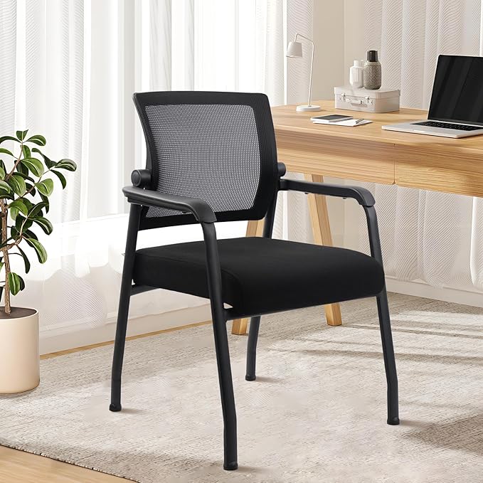 Desk Chair No Wheels with Adjustable Mesh Backrest, Arm Chair with Ergonomic Lumbar Support and Thickened Seats Cushion, Waiting Room Chairs for Office School Church Guest Reception-DeskLoop Office