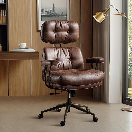 Mid Century Modren Large Office Chair, Big and Tall Ergonomic Executive Chair for Heavy Duty People, Computer Desk Task Chair with Wheels, Faux Lether Fabric Wide Chair for Home Sturdy,Dark Brown-DeskLoop Office