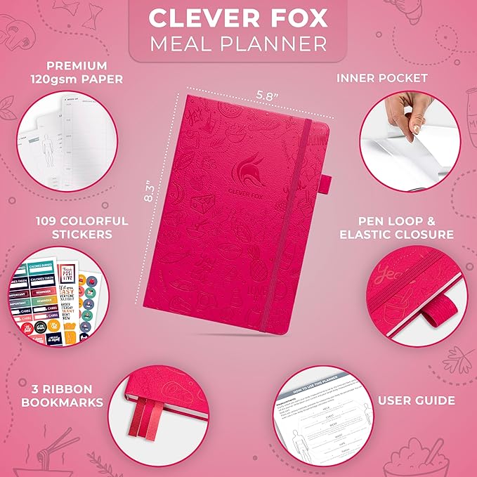 Clever Fox Weekly Meal Planner - Weekly & Daily Meal Prep Journal with Shopping and Grocery Lists for Menu Planning, Healthy Diet & Weight Loss Tracking, Lasts 1 Year, Undated, A5 - Fuchsia-DeskLoop Office