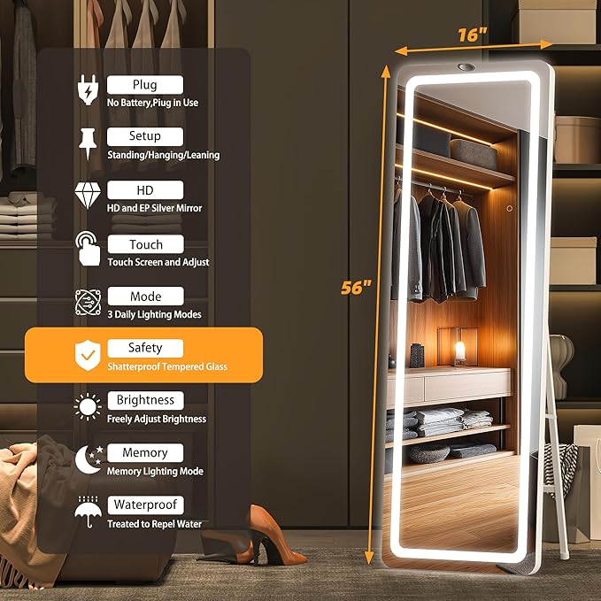 Hasipu Full Length Mirror with Lights, 56" x 16" LED Floor Mirror, Full Body Dressing Standing, Hanging Mounted Mirror for Living Room Bedroom Cloakroom, Round White-DeskLoop Office