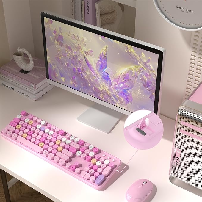 Colorful Wireless Computer Keyboard and Mouse Combo with Round Typewriter Keycaps, Retro Design, Power Switch, Ergonomic Design, 2.4GHz Wireless for Windows, Mac, PC(Pink-Colorful)-DeskLoop Office