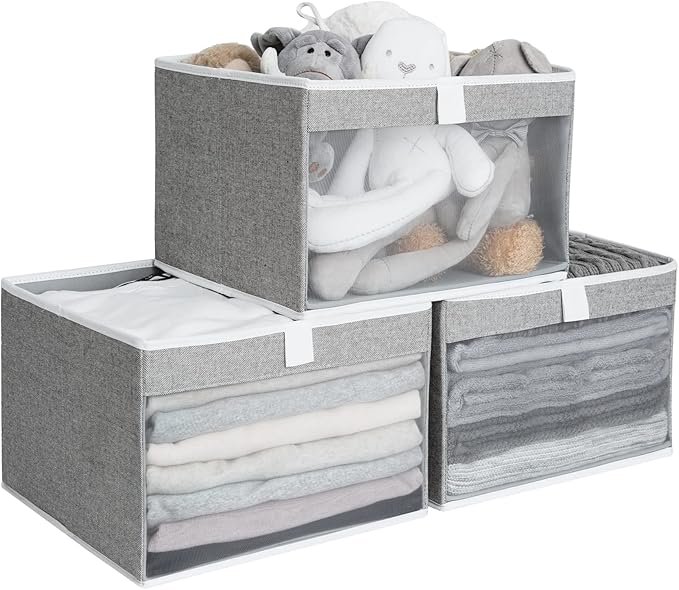 StorageWorks Closet Storage Bins, Large Storage Baskets with Clear Window and Handles, Foldable Fabric Organizer for Clothes, Shelves, Gray, 3 Pack-DeskLoop Office