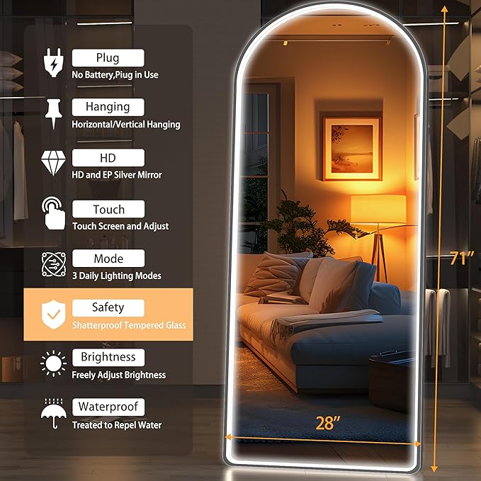 Hasipu 71" x 28" LED Mirror - Full Length with Lights, Arch Design, Wall Mounted, Dimming & 3 Color Modes-DeskLoop Office