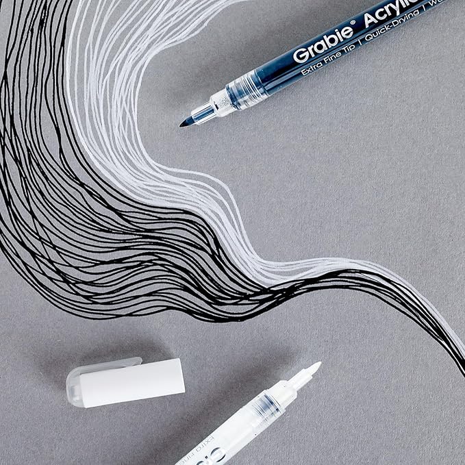 Grabie Black & White Extra Fine Tip Acrylic Paint Marker Set, 6 Pack, 0.7mm Acrylic Paint Pens for Highlights and Fine Details on Drawings, Rock Painting Glass Canvas Wood, White Highlight Markers-DeskLoop Office
