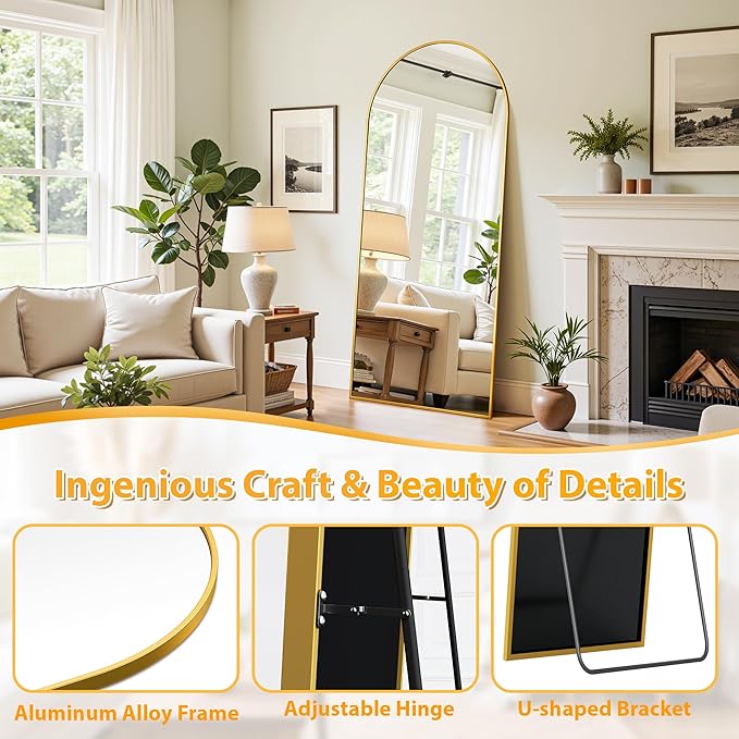 Full Length Mirror, 59"x18" Oversized Floor Mirror Freestanding, Full Body Mirror Floor Standing Mirrors with Stand, Hanging Mounted Mirrors for Bedroom Living Room, Gold, Arched Style-DeskLoop Office