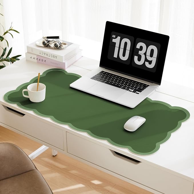 Scalloped Desk Mat, 31.5" x 15.7" Dark Forest Green Large Cute Aesthetic Desk by Ohocut