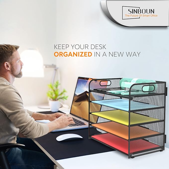 Letter Tray Paper Organizer 5-Tier Desk Organizer File Organizer Paper Holder with Handle, Metal Desktop Document Shelf Tray Office Classroom Organization - Black