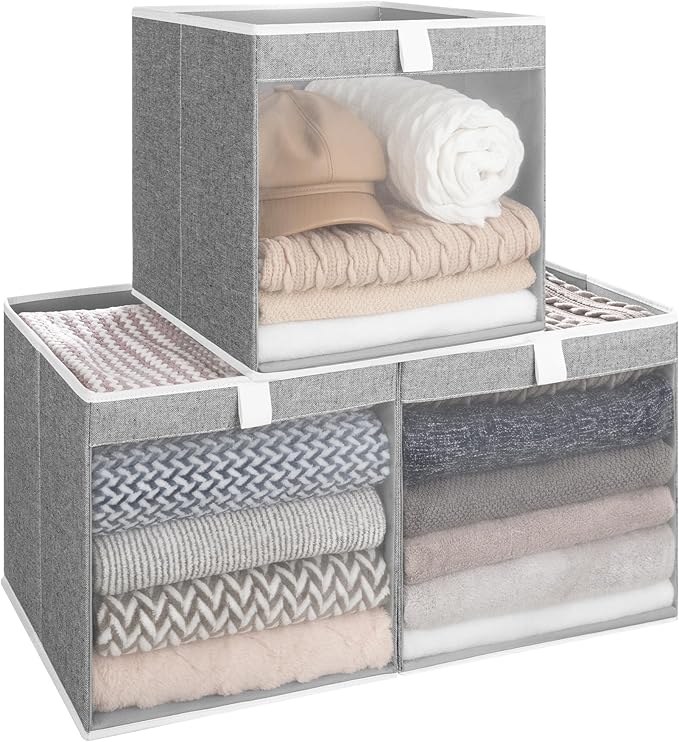 StorageWorks 13x13 Storage Cubes, Closet Storage Bins with Clear Window, Large Fabric Organizer for Clothes, Collapsible Storage Baskets with Handles, Gray, 3-Pack-DeskLoop Office