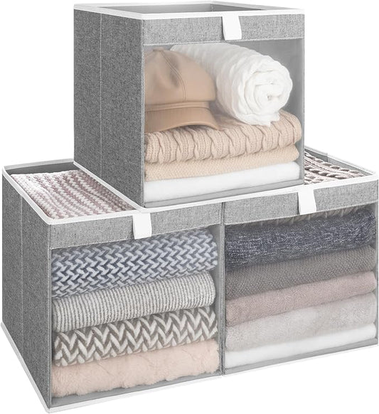 StorageWorks 13x13 Storage Cubes, Closet Storage Bins with Clear Window, Large Fabric Organizer for Clothes, Collapsible Storage Baskets with Handles, Gray, 3-Pack-DeskLoop Office