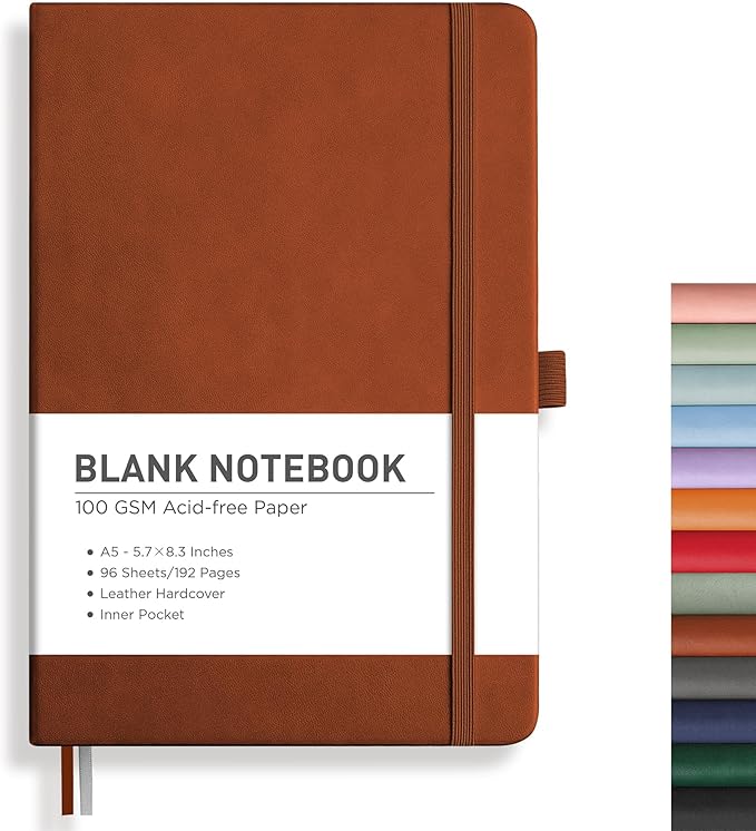 RETTACY Blank Journal Notebook, 192 Pages, A5 Medium Size (5.7'' x 8.3''), Leather Hardcover, 100 GSM Thick Paper, for Sketching, Drawing, Painting (Brown)-DeskLoop Office