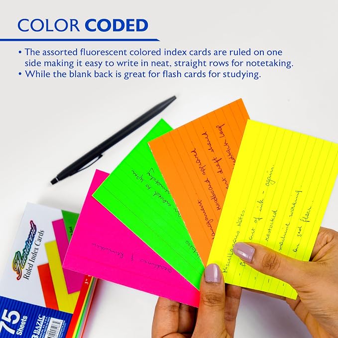 BAZIC Products Fluorescent Ruled Index Cards, 3 x 5 in, 75 Ct, 36-Case | fully - Image 5
