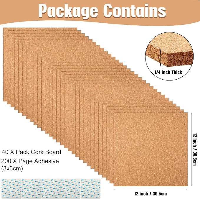 Kosiz 40 Pack Cork Board Square 12" x 12", 1/4" Thick Cork Board Tiles Bulk - Image 2