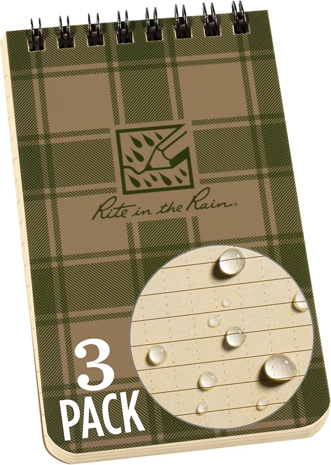 Rite in the Rain Weatherproof Top Spiral Notebook, 3” x 5”, Tan and Green Plaid by RiteintheRain