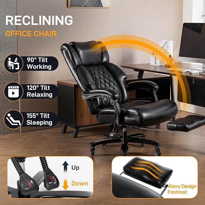500 LBS Big and Tall Office Chair with Foot Rest High Back Recline Ergonomic Chair for Heavy People, Executive Office Chair Comfortable for Home Office, Large Computer Desk Chair Black-DeskLoop Office