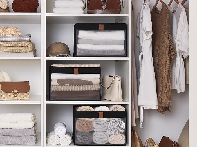 StorageWorks Closet Storage Bins, Extra Large Storage Baskets with Clear Window and Handles, Foldable Fabric Organizer for Clothes, Shelves, Black, 3 Pack-DeskLoop Office