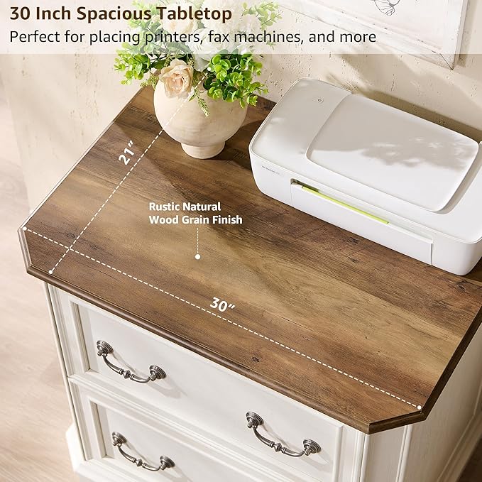 T4TREAM 2 Drawer File Cabinet-30 Wide Wooden Extended Desktop, Farmhouse Filing Cabinet with Smooth Rails, Holds Letter/Legal/A4, Hexagonal Design & Framed Drawer Fronts, Antique White-DeskLoop Office