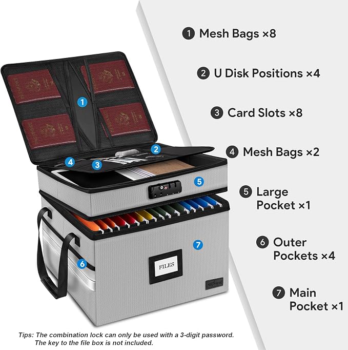 Fireproof Document Box with Lock, 2-Layer File Box Storage Organizer with 5 - Image 2