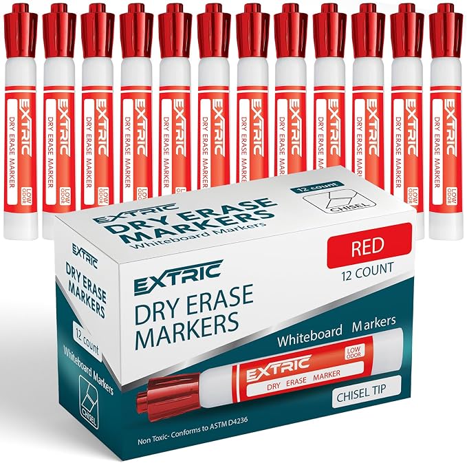 EXTRIC Red Dry Erase Markers 12 PK Whiteboard Marker Chisel Tip Low Odor | Use: by EXTRIC