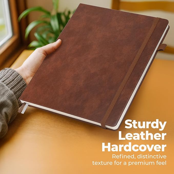 Classic Lined Journal Notebook 8.5x11" A4 Hardcover Leather - Brown - 200 Pages College Ruled Large with Sticky Tabs, Pockets, and Pen Loop for Writing and Journaling - Big Hardback Men and Women-DeskLoop Office