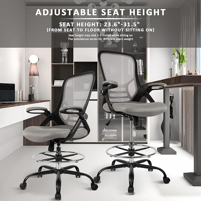 HYLONE Drafting Chair, Tall Office Chair Standing Desk Chair Grey Mesh High-Back Drafting Stool with Flip-Up Arms, Adjustable Foot Ring-DeskLoop Office