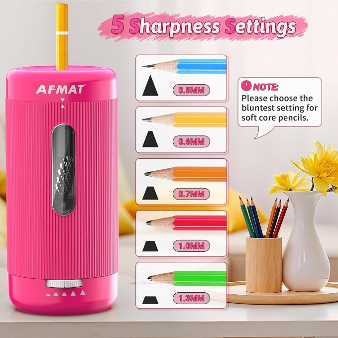 AFMAT Electric Pencil Sharpener, Auto in & Out, 5 Nibs, 7K+ Uses, Fully - Image 4