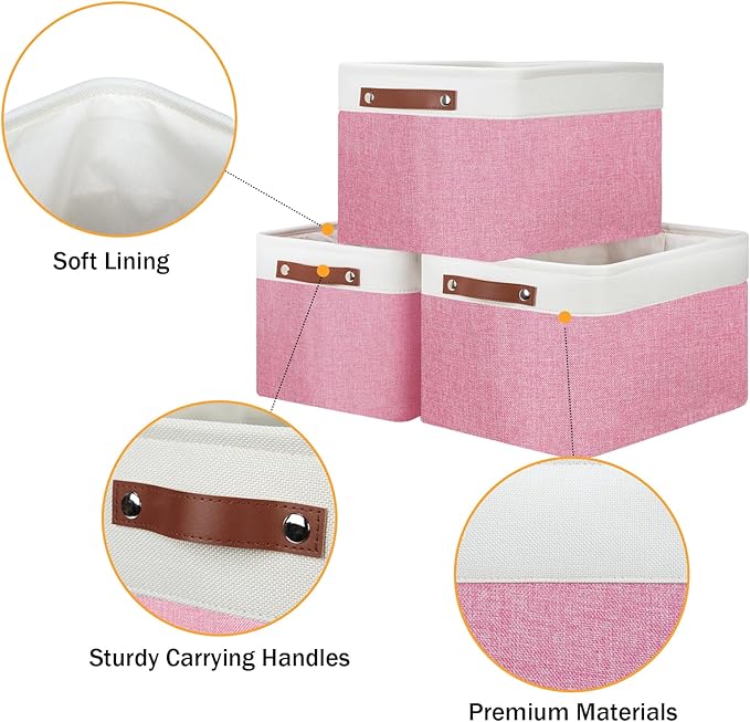DULLEMELO Storage Baskets for Organizing, Shelves,Bedroom, Decorative Storage Bins with Faux Leather Handles, Fabric Storage Basket for Office, Toys(3-Pack, White&Pink)-DeskLoop Office