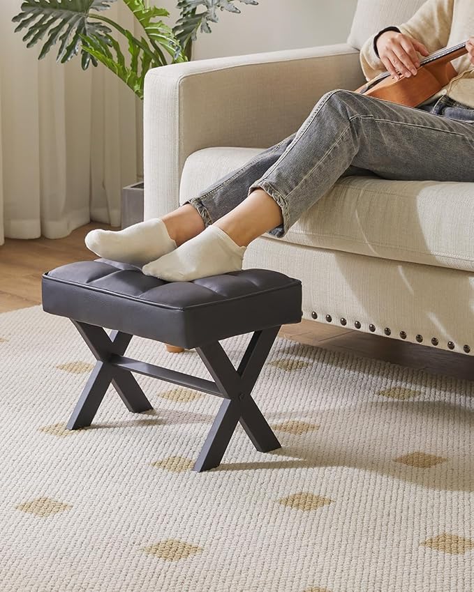 IBUYKE Small 12" H Footrest Stool, Square PU Foot Stool with Metal X-Leg, Multi-Use as Small Side Table, Step Stool for Living Room, Bedroom, Entryway, Office, Black WBD012B-DeskLoop Office