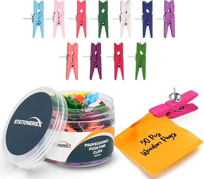 50Pcs Push Pins with Multicolor Clip by Stationeriex
