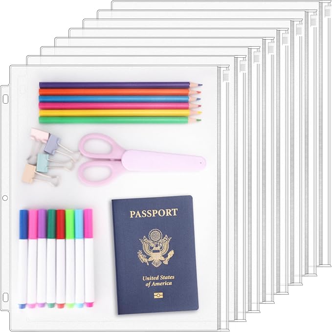 Antner 8 Pack Clear Letter Size Binder Pockets 3 Ring Binder Zipper Pouch by Antner