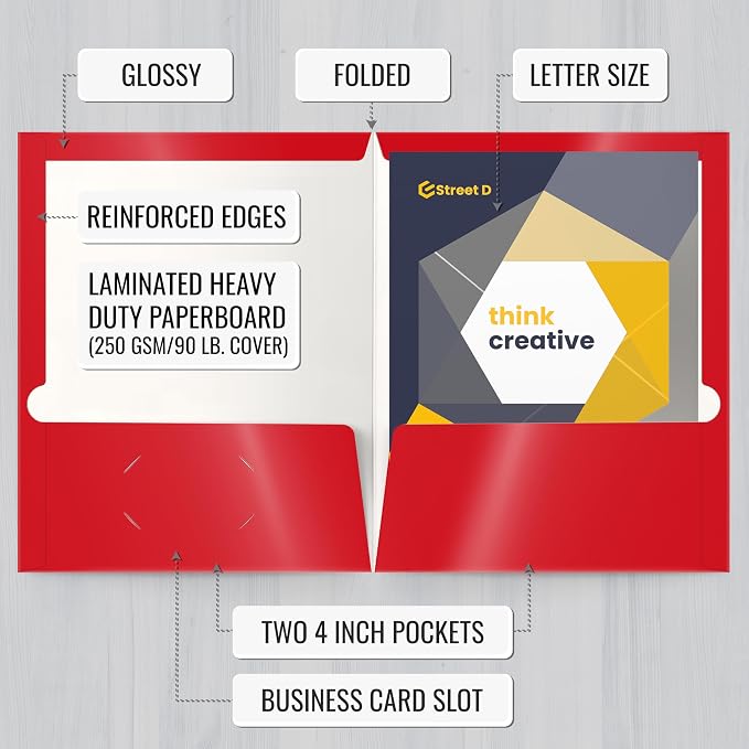 Better Office Products 2 Pocket Glossy Laminated RED Paper Folders, Letter Size - Image 2