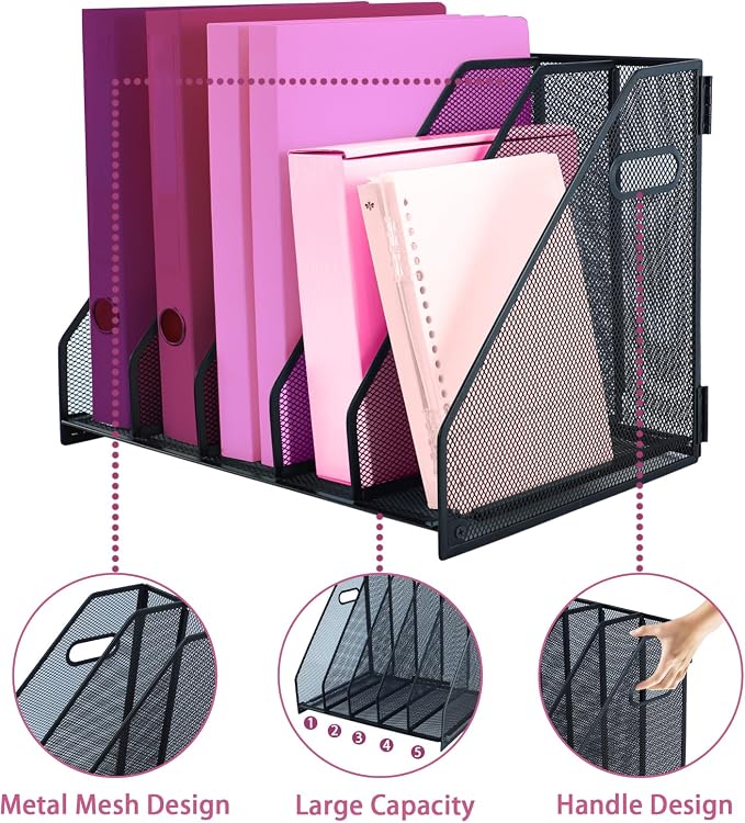Desk Organizers with Handle, Metal Magazine File Holder with 5 Vertical - Image 3
