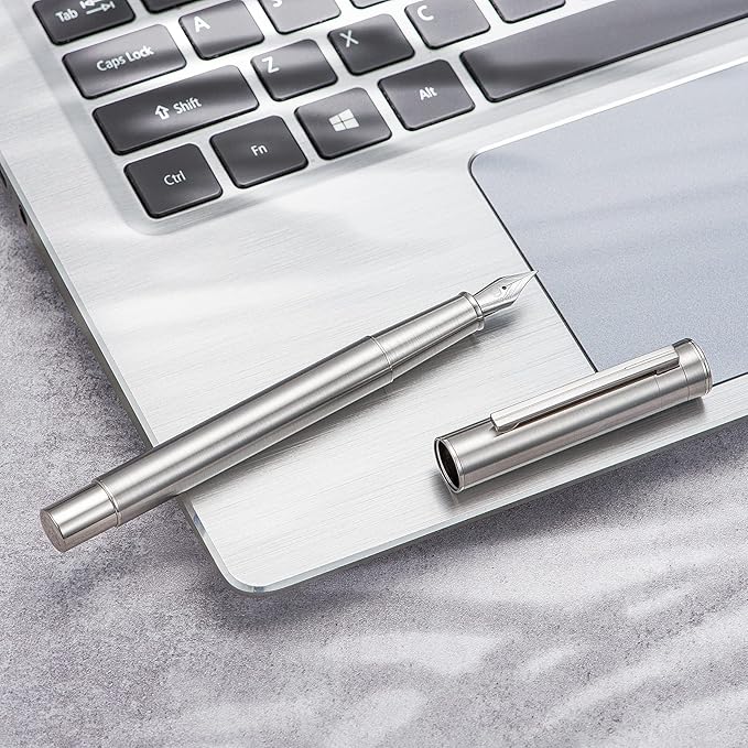 Hongdian 1861 Stainless Steel Fountain Pen Medium Nib, Classic Design Smooth Writing Pen with Converter and Metal Pen Case Set