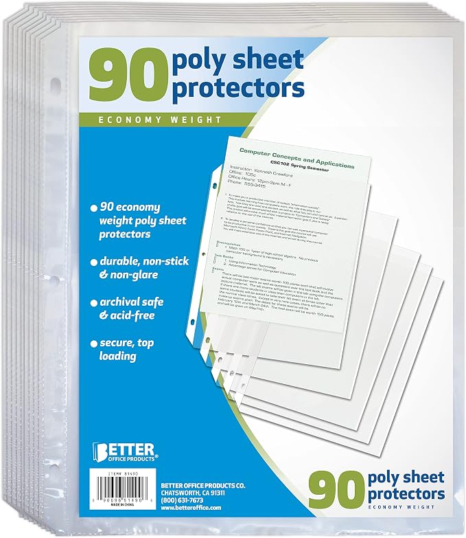 Better Office Products 90 Count Sheet Protectors, 100 Percent Poly Sheet by BetterOfficeProducts