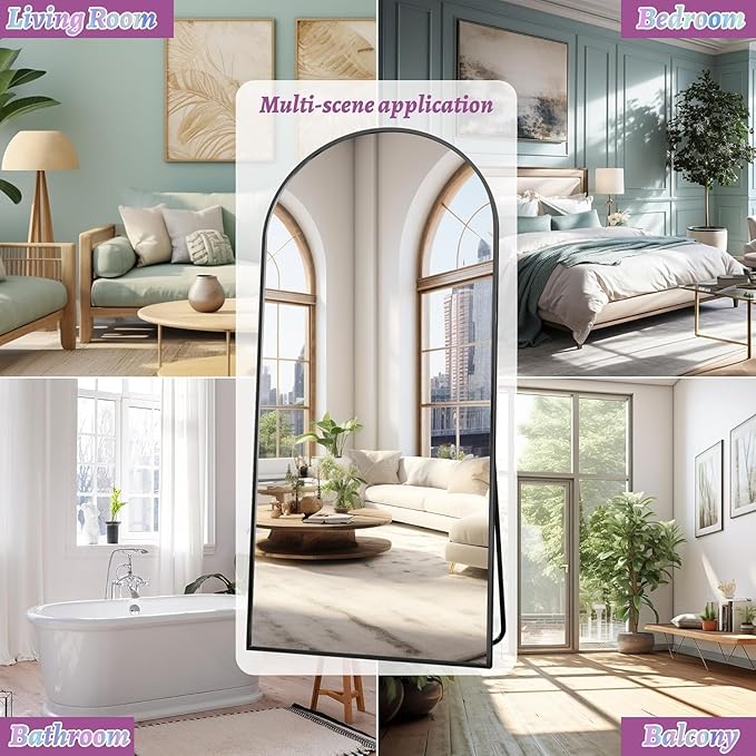 Full Length Mirror, 72"x44" Oversized Floor Mirror Freestanding, Full Body Mirror Floor Standing Mirrors with Stand, Hanging Mounted Mirrors for Bedroom Living Room, Black, Arched Style-DeskLoop Office