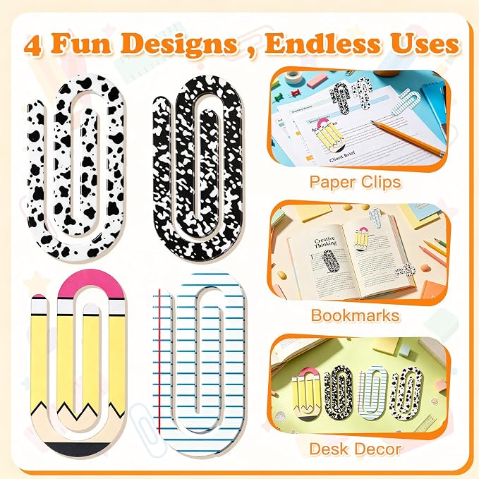Back to School Paper Clips 4 Inch 24 Pcs Jumbo Acrylic Paper Clips | - Image 4