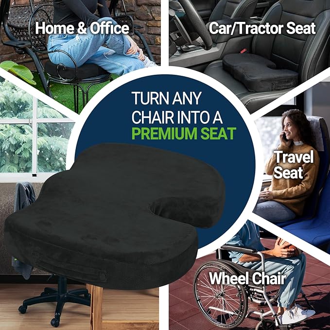 Gel Seat Cushion for Car Office - Memory Foam Pain Relief Chair Pillow Cushions - Tailbone Sciatica Coccyx Butt Lumbar Support Pad for Sitting Driving Traveling, Velvet, Black-DeskLoop Office