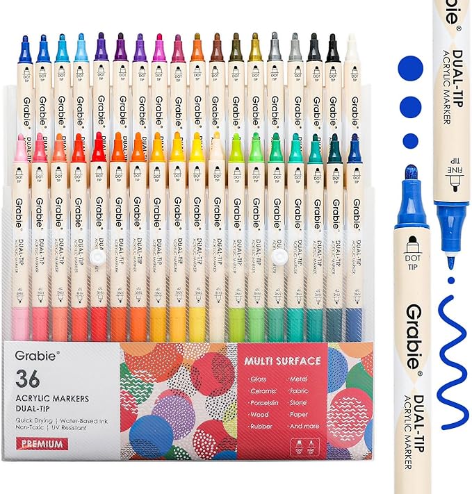 Grabie 36 Dual Tip Acrylic Paint Markers, Acrylic Paint Pens, Fabric Markers for Fabric, Canvas, Rock, Glass, Wood, Paper, DIY, Canvas DIY Art Supplies Kit-DeskLoop Office