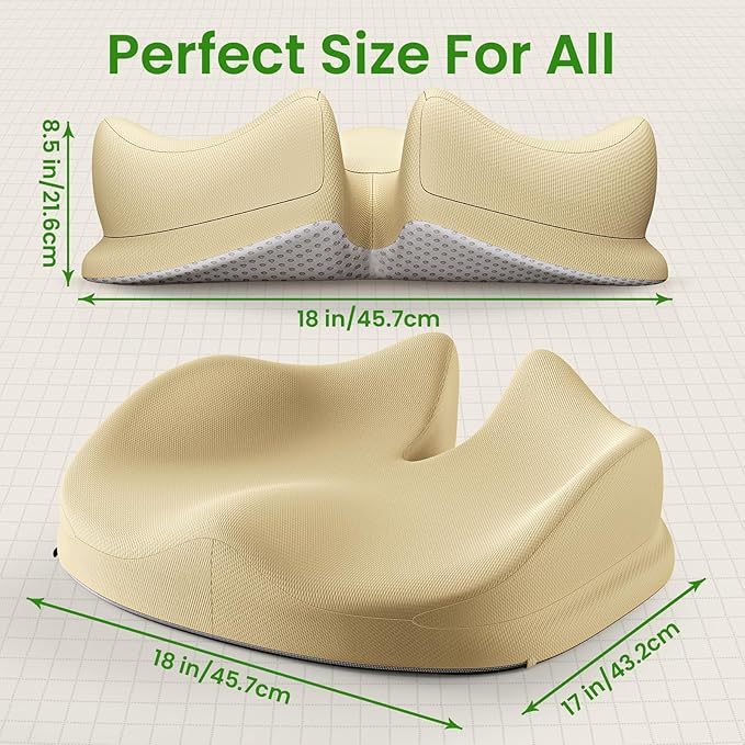 Benazcap Large Seat Cushion for Office Chair Memory Foam Coccyx Pain Relief Cushion Pillow for Back Support Non-Slip Seat Pad for Office Desk, Car Seat, Wheelchair, Sciatica-Beige-DeskLoop Office