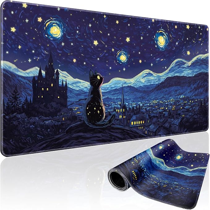 Starry Night Cat Large Mouse Pad, 31.5"x15.7" Desk Mat, Anti-Slip Rubber Base by Mcapirivo