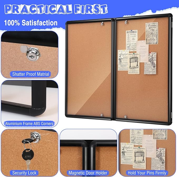 Enclosed Bulletin Board 48" x 36" Weather Resistant Lockable Notice Cork Display Board Wall Mounted 2 Locking Door for School Classroom Commercial Back to School, 12 x A4(Brown, Black Frame)-DeskLoop Office