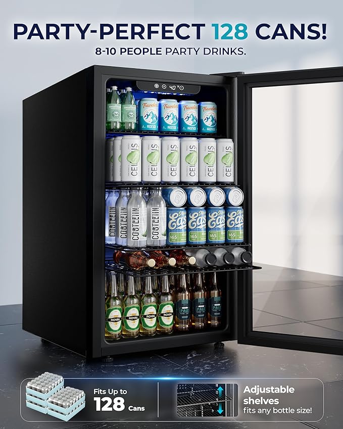 EUHOMY Beverage Refrigerator and Cooler, 128 Can Mini fridge with Glass Door, Small Refrigerator with Adjustable Shelves for Soda Beer or Wine, Home/Bar/Office, Black-DeskLoop Office