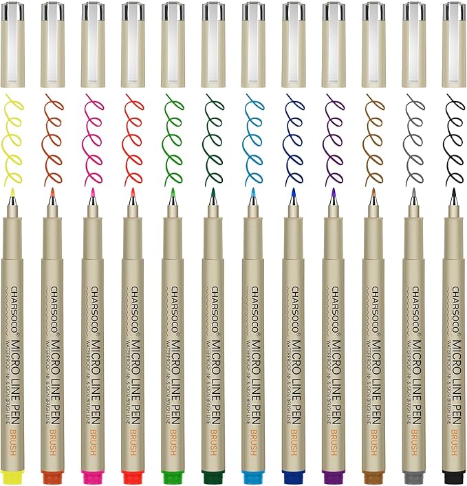 Arts Sign Brush Pen, Felt Tip Water Based Ink with 12 Colors, for Journaling, Lettering, Calligraphy, Technical Drawing and Scrapbooking-DeskLoop Office