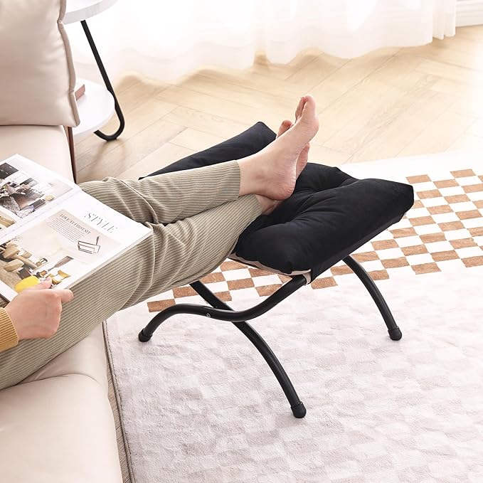 LITA Folding Upholstered Footrest Stool, Modern Small Portable Accent Ottoman with Detachable Thick Cotton Cushion Padded Sofa Stool with Metal Frame for Lazy Chair, Living Room & Bedroom, Black-DeskLoop Office