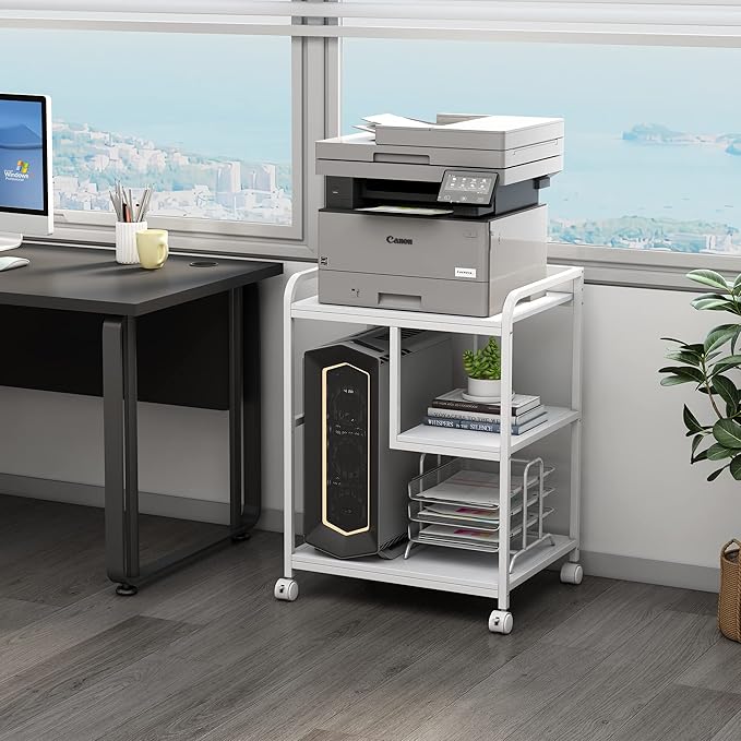 Large Printer Stand Table with Storage Shelf for Host Computer, PC Tower, CPU and Shredder, 3 Tier Rolling Printer Cart with Wheels for Home Office Storage and Organization - White-DeskLoop Office