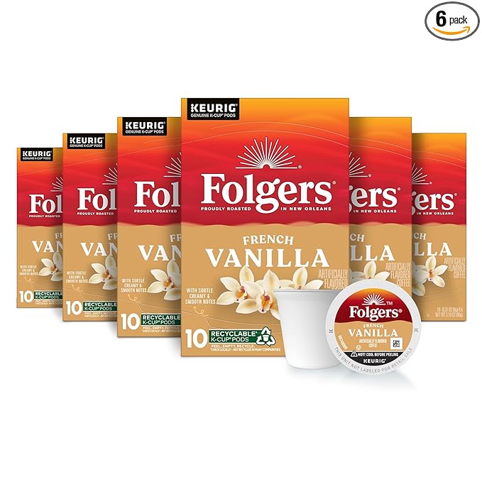 Folgers French Vanilla Artificially Flavored Coffee, Keurig K-Cup pods, 10 Count Box (Pack of 6)-DeskLoop Office