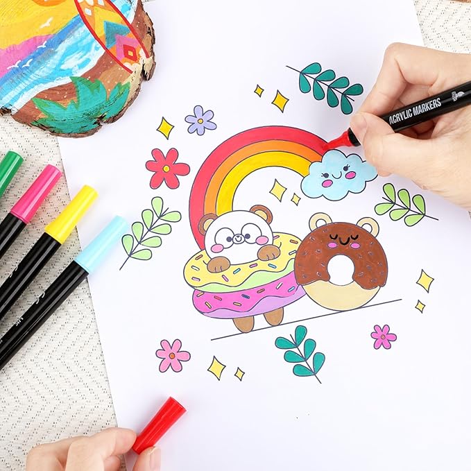 120 Colors Acrylic Paint Markers, Dual Tip Fine Tip and Brush Tip Pens Contain 24 Metallic Color for Stone, Wood, Calligraphy, Canvas, Ceramic, Metal, Glass, Rock Painting, DIY Crafts-DeskLoop Office