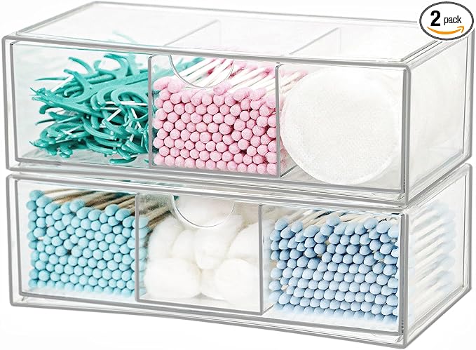 Set of 2 Stackable Storage Drawers - 7.8" Clear Plastic Drawer Storage, Acrylic Makeup Organizer, Desk Counter Cabinet Office Organizer, Bathroom Organizers and Storage (3 Grid/Set of 2)-DeskLoop Office